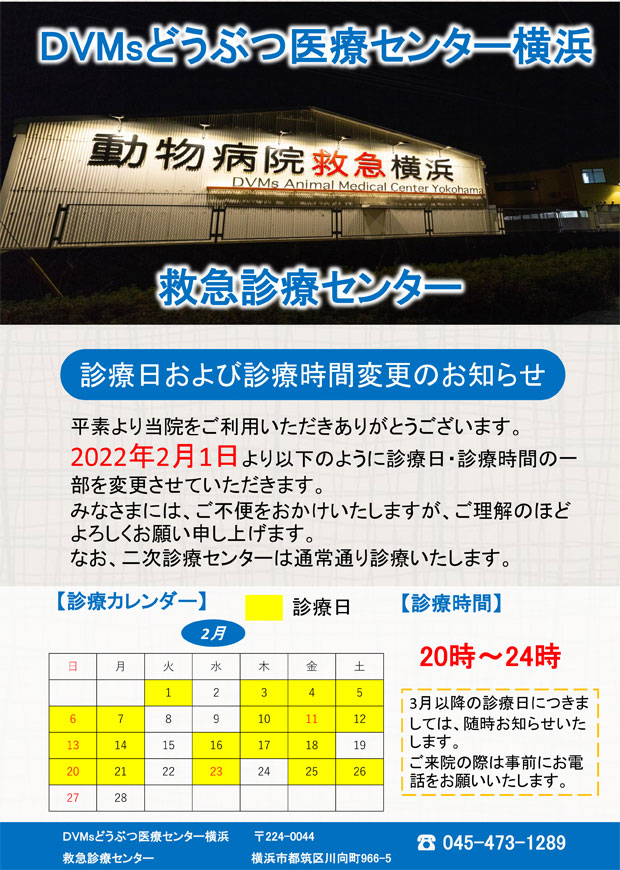 DVMsどうぶつ医療センター横浜救急診療センター　診療日および診療時間変更のお知らせ